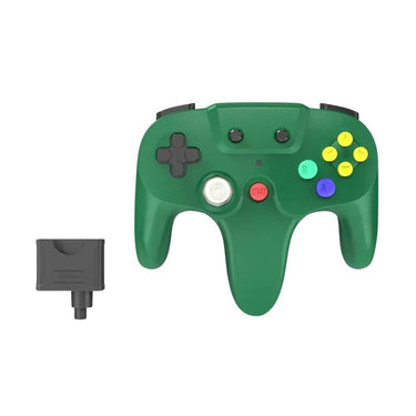 A wireless game controller for N64, with a green body, traditional directional pad, action buttons, and a receiver.